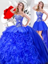Exceptional Three Piece Blue Lace Up Sweetheart Beading and Ruffles Ball Gown Prom Dress Organza Sleeveless