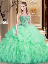 Apple Green Lace Up Sweetheart Embroidery and Ruffles 15th Birthday Dress Organza Sleeveless Brush Train