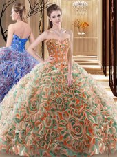 Custom Made Multi-color Fabric With Rolling Flowers Lace Up Quinceanera Dresses Sleeveless With Brush Train Embroidery and Ruffles