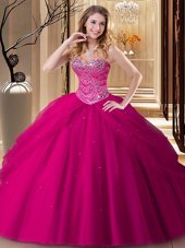 Fuchsia Tulle Lace Up Sweetheart Sleeveless Floor Length Quinceanera Gown Beading