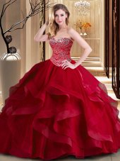 Floor Length Wine Red Vestidos de Quinceanera Sweetheart Sleeveless Lace Up