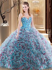 Multi-color Vestidos de Quinceanera Military Ball and Sweet 16 and Quinceanera and For with Embroidery and Ruffles Sweetheart Sleeveless Brush Train Lace Up