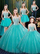 Free and Easy Aqua Blue Sleeveless Lace Floor Length Sweet 16 Dresses