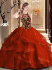 Scoop Embroidery and Ruffles Quinceanera Gowns Rust Red Backless Sleeveless Brush Train