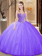 Chic Lavender Ball Gowns Tulle Sweetheart Sleeveless Embroidery Floor Length Lace Up Quince Ball Gowns