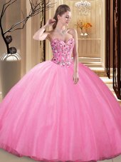 Flare Rose Pink Lace Up Sweetheart Embroidery Sweet 16 Quinceanera Dress Tulle Sleeveless