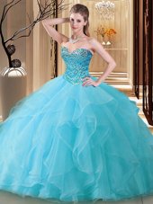 Extravagant Royal Blue Ball Gowns Tulle Sweetheart Sleeveless Beading Floor Length Lace Up Quinceanera Gowns