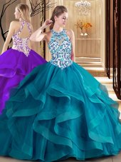 Brush Train Ball Gowns Quinceanera Dress Teal Scoop Tulle Sleeveless Lace Up