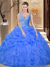 Flirting Blue Backless 15 Quinceanera Dress Lace and Appliques and Ruffles and Pick Ups Sleeveless Floor Length
