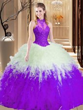 Enchanting Floor Length White And Purple 15th Birthday Dress High-neck Sleeveless Lace Up