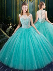 Aqua Blue Zipper Quinceanera Dress Lace Sleeveless Floor Length