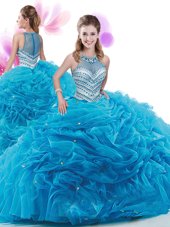 On Sale Baby Blue Quinceanera Dress Military Ball and Sweet 16 and Quinceanera and For with Ruffles High-neck Sleeveless Court Train Zipper