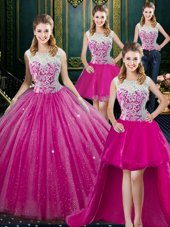 Super Four Piece Floor Length Zipper Sweet 16 Quinceanera Dress Fuchsia and In for Military Ball and Sweet 16 and Quinceanera with Lace