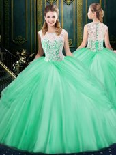 Enchanting Scoop Floor Length Zipper Vestidos de Quinceanera Apple Green and In for Military Ball and Sweet 16 and Quinceanera with Lace and Pick Ups