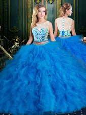 Best Selling Blue Quinceanera Dress Military Ball and Sweet 16 and Quinceanera and For with Lace and Ruffles Scoop Sleeveless Zipper