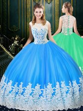 Luxurious Floor Length Baby Blue Quinceanera Gowns Scoop Sleeveless Zipper
