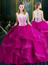 Square With Train Clasp Handle Quince Ball Gowns Fuchsia and In for Military Ball and Sweet 16 and Quinceanera with Lace Brush Train