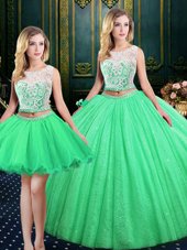 Three Piece Scoop Lace Up Quince Ball Gowns Lace and Sequins Sleeveless Floor Length