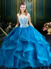 Blue Ball Gowns Scoop Sleeveless Tulle With Brush Train Zipper Lace Quinceanera Dresses