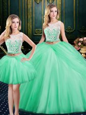 Glorious Three Piece Scoop Floor Length Lace Up Quinceanera Dress Apple Green and In for Military Ball and Sweet 16 and Quinceanera with Lace and Pick Ups