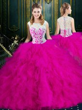 Scoop Fuchsia Tulle Zipper Quince Ball Gowns Sleeveless Floor Length Lace and Ruffles