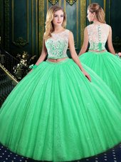 Stunning Scoop Sleeveless Tulle and Sequined Floor Length Lace Up Quinceanera Gown in for with Lace and Sequins