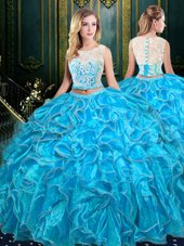 Four Piece Rose Pink Ball Gowns Tulle Scoop Sleeveless Lace and Appliques and Pick Ups Floor Length Zipper Quince Ball Gowns
