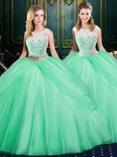 Apple Green Zipper Scoop Lace and Pick Ups 15 Quinceanera Dress Tulle Sleeveless