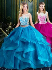 Scoop Tulle Sleeveless With Train 15th Birthday Dress Brush Train and Lace and Ruffles