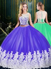 Chic Scoop Floor Length Two Pieces Sleeveless Purple Quinceanera Gown Zipper