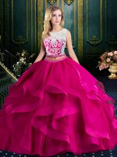 Colorful Scoop Fuchsia Tulle Lace Up Sweet 16 Dress Sleeveless With Brush Train Lace and Ruffles