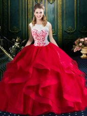 Brush Train Ball Gowns Quinceanera Dress Red Square Tulle Sleeveless With Train Zipper
