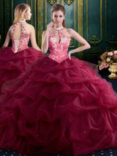 Halter Top Wine Red Tulle Lace Up Sweet 16 Dress Sleeveless Floor Length Beading and Ruffles and Pick Ups