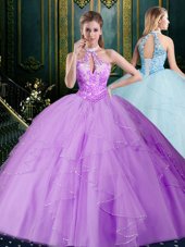 Halter Top Lavender Ball Gowns Beading and Lace and Ruffles Sweet 16 Dress Lace Up Tulle Sleeveless Floor Length