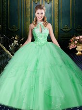 Apple Green Tulle Lace Up Halter Top Sleeveless Floor Length Ball Gown Prom Dress Beading and Lace and Ruffles and Ruching