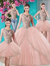 Suitable Four Piece Scoop Peach Sleeveless Beading and Appliques Floor Length 15 Quinceanera Dress
