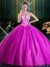 Adorable Halter Top Floor Length Ball Gowns Sleeveless Fuchsia 15 Quinceanera Dress Lace Up