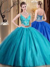 Adorable Teal Two Pieces Beading and Lace and Appliques 15 Quinceanera Dress Lace Up Tulle Sleeveless Floor Length