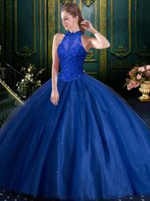 Elegant Royal Blue Sleeveless Floor Length Appliques Lace Up Ball Gown Prom Dress