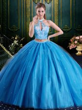 Sexy Halter Top Baby Blue Sleeveless Beading and Lace and Appliques Floor Length 15 Quinceanera Dress