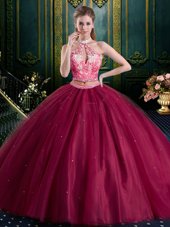 Halter Top Sleeveless Tulle Sweet 16 Dress Beading and Lace and Appliques Lace Up