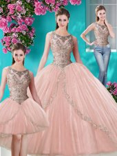 Charming Three Piece Scoop Peach Ball Gowns Beading and Appliques Quinceanera Gowns Lace Up Tulle Sleeveless Floor Length