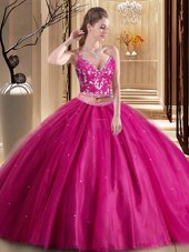 Tulle Spaghetti Straps Sleeveless Lace Up Beading and Appliques Quinceanera Gowns in Hot Pink
