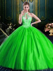 Halter Top Ball Gowns Beading Quince Ball Gowns Lace Up Tulle Sleeveless Floor Length