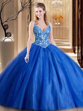 Best Selling Beading and Appliques Vestidos de Quinceanera Blue Lace Up Sleeveless Floor Length