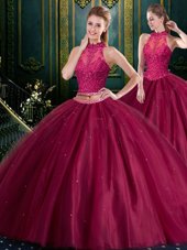 Sumptuous Floor Length Lace Up Quinceanera Dresses Burgundy and In for Military Ball and Sweet 16 and Quinceanera with Beading and Lace