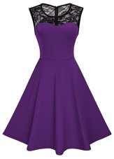 Customized Scoop Knee Length Purple Party Dress Wholesale Satin Sleeveless Lace