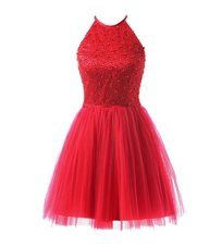 Captivating Scoop Coral Red Sleeveless Beading Knee Length Teens Party Dress
