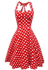 Scoop Knee Length Backless Party Dress for Toddlers White And Red and In for Prom and Party with Pattern