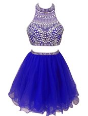 Sleeveless Mini Length Beading Zipper Cocktail Dresses with Royal Blue